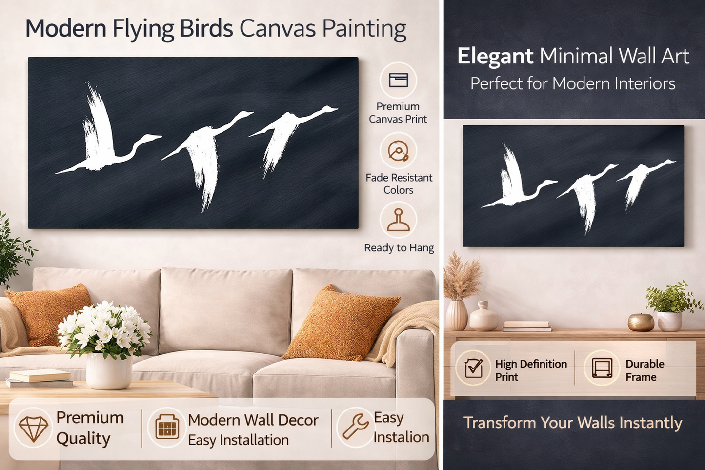 Modern Abstract Bird Canvas Wall Art | Minimalist Black & White Painting | Living Room Wall Decor | Premium Canvas Print by Decor Daddy
