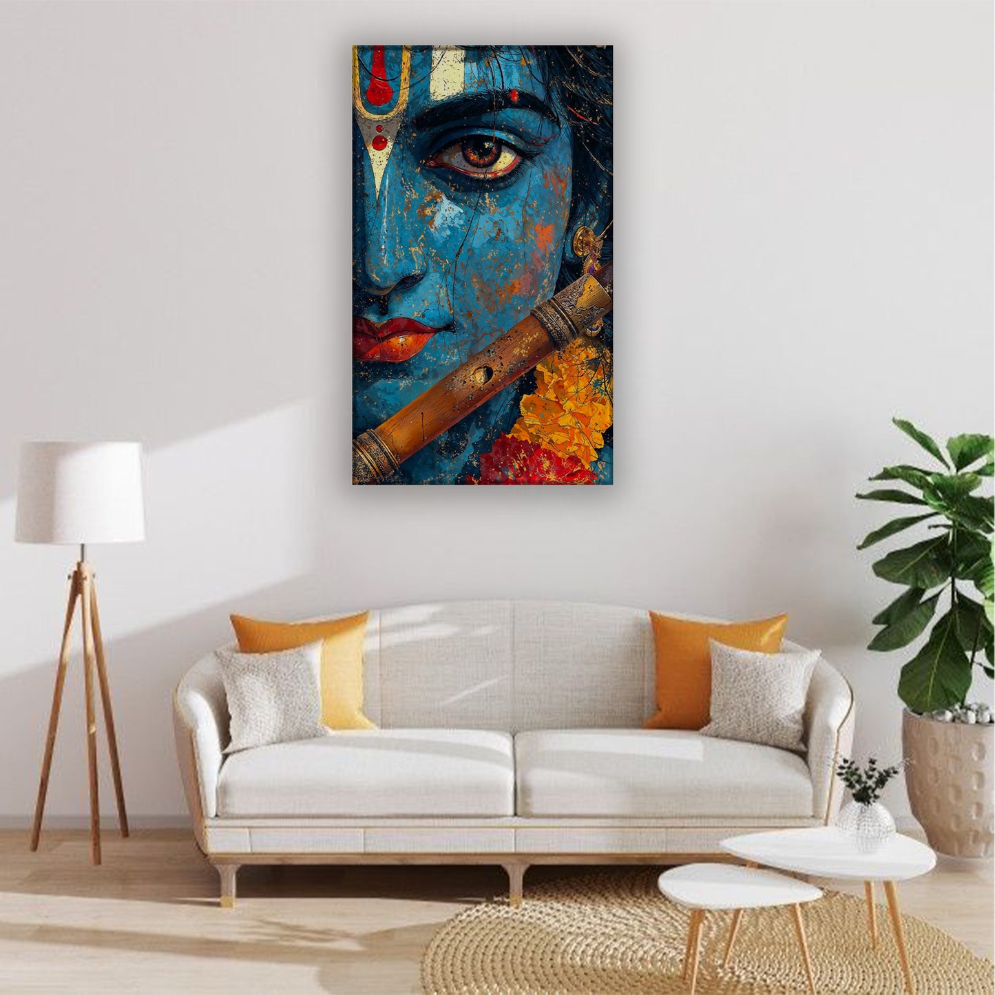Krishna Face Canvas Wall Art – Blue Abstract Krishna Painting with Flute for Living Room & Bedroom Decor