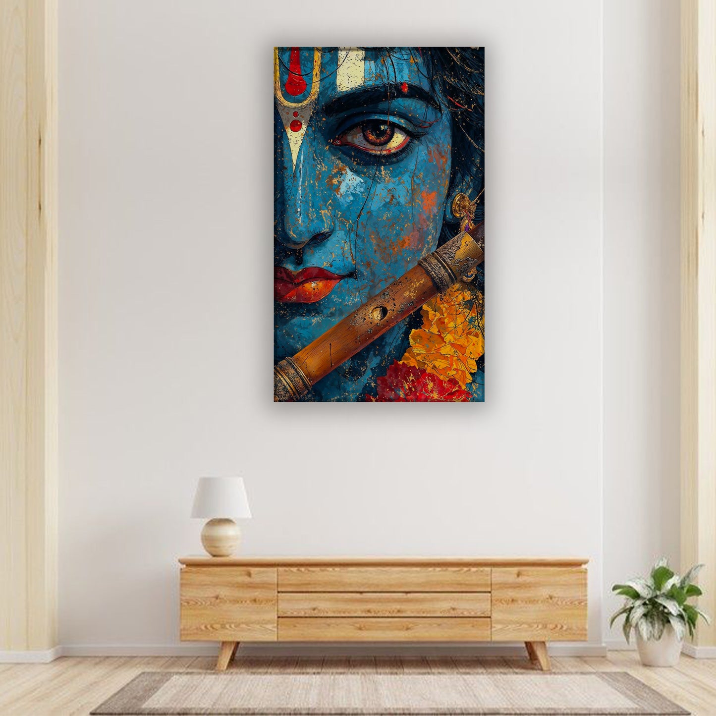 Krishna Face Canvas Wall Art – Blue Abstract Krishna Painting with Flute for Living Room & Bedroom Decor