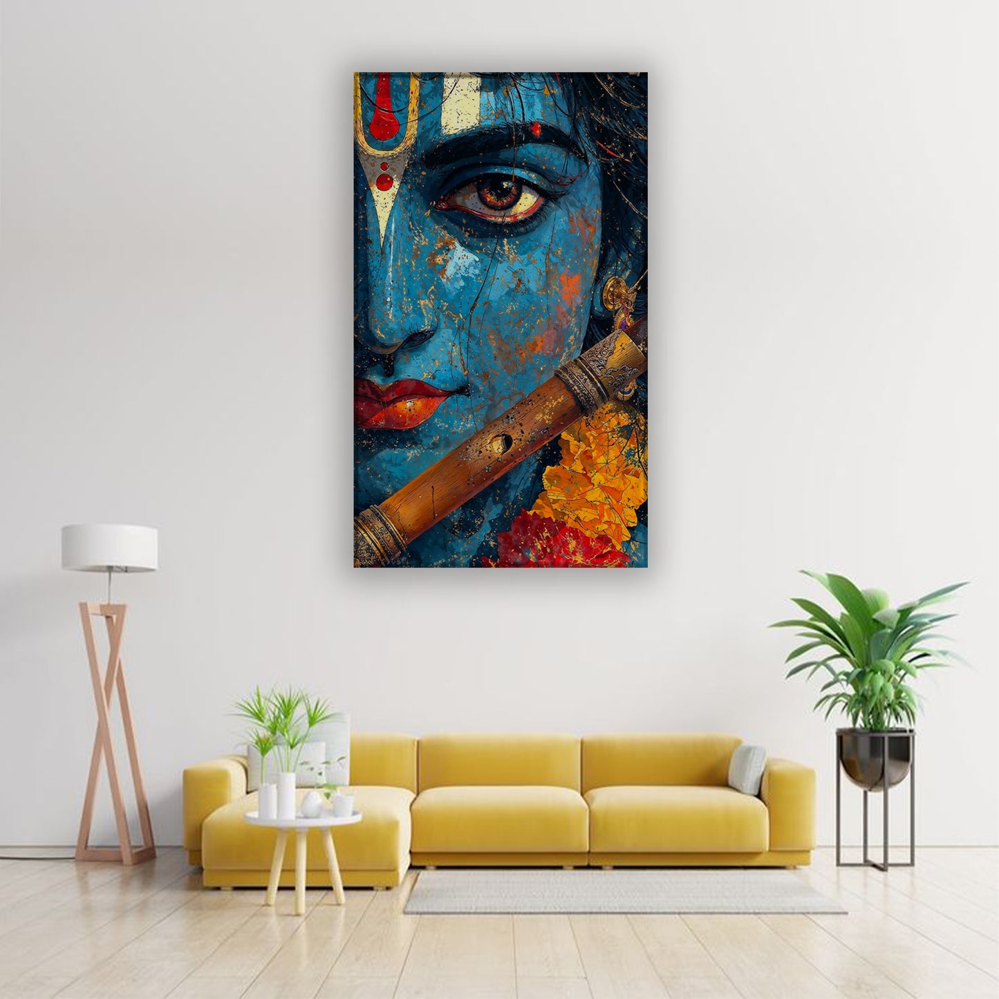 Krishna Face Canvas Wall Art – Blue Abstract Krishna Painting with Flute for Living Room & Bedroom Decor