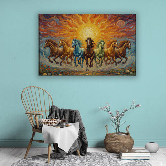 7 Running Horses Canvas Wall Art – Vastu Painting for Success, Wealth & Living Room Decor