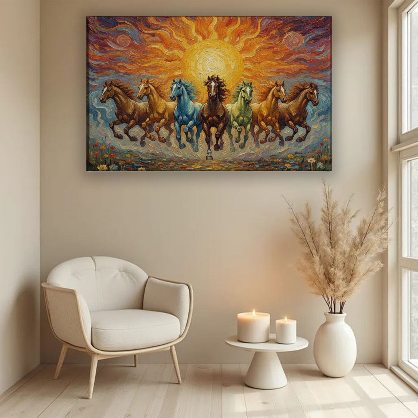 7 Running Horses Canvas Wall Art – Vastu Painting for Success, Wealth & Living Room Decor