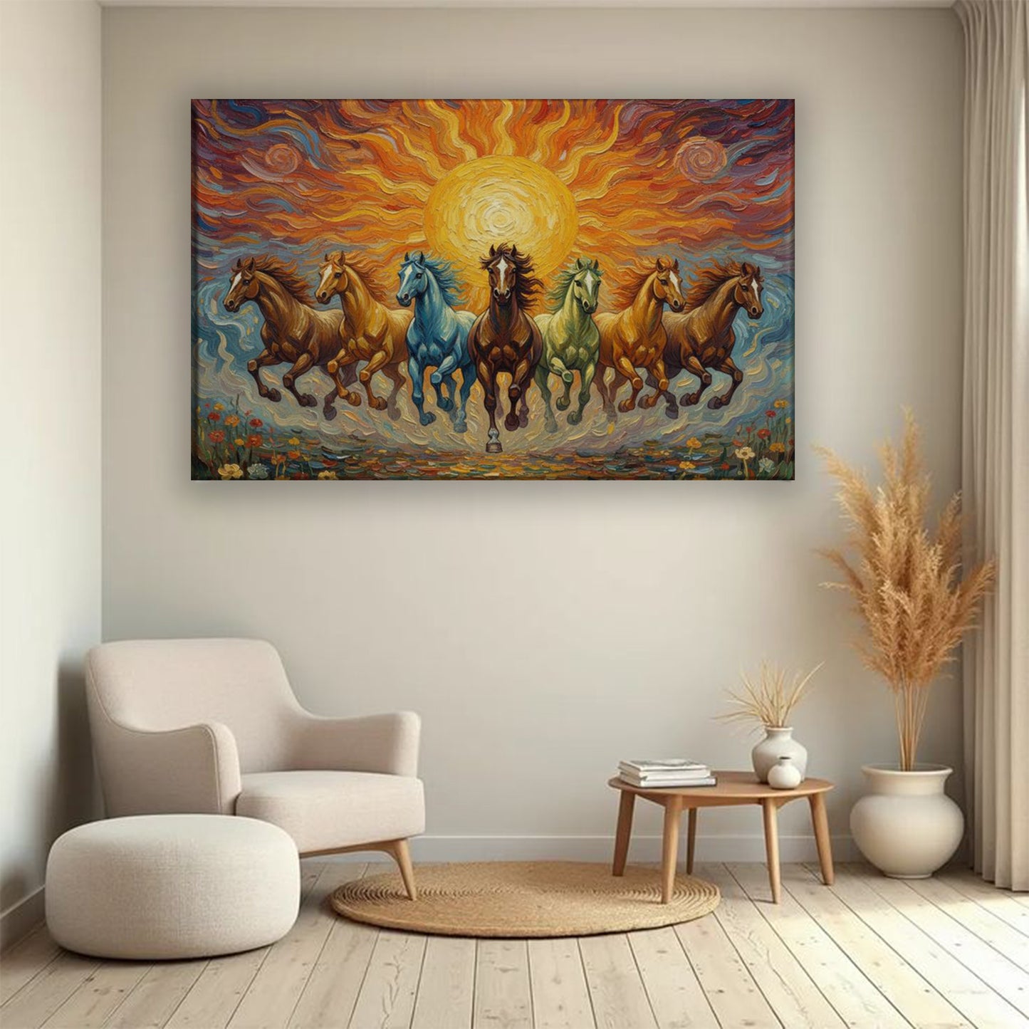 7 Running Horses Canvas Wall Art – Vastu Painting for Success, Wealth & Living Room Decor