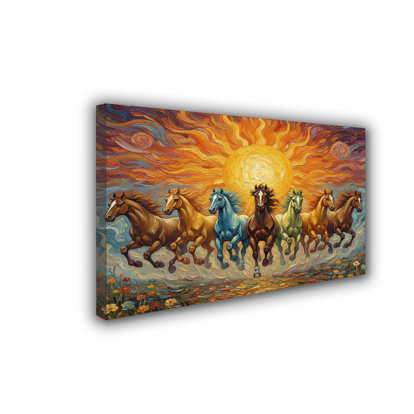 7 Running Horses Canvas Wall Art – Vastu Painting for Success, Wealth & Living Room Decor