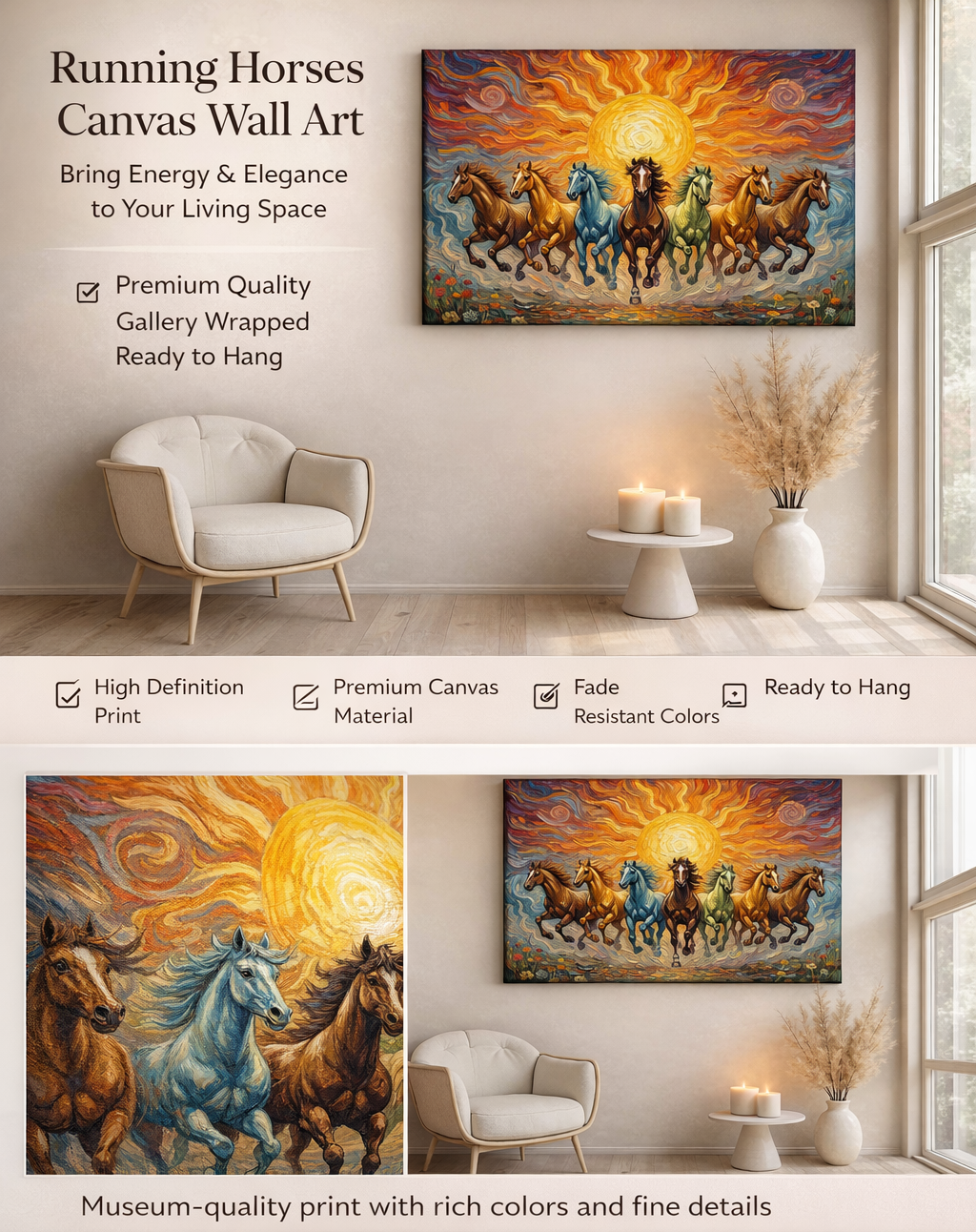 7 Running Horses Canvas Wall Art – Vastu Painting for Success, Wealth & Living Room Decor