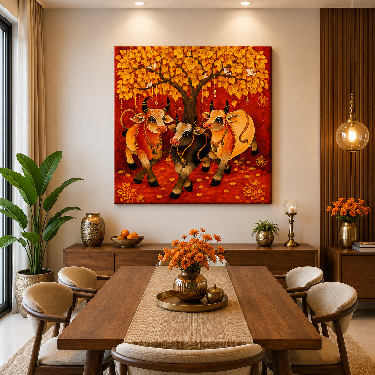 Enhance your home with this Sacred Kamdhenu Cow Family Canvas Painting. Premium red and gold Vastu wall art symbolizing prosperity, positivity, and abundance. Ready to hang.