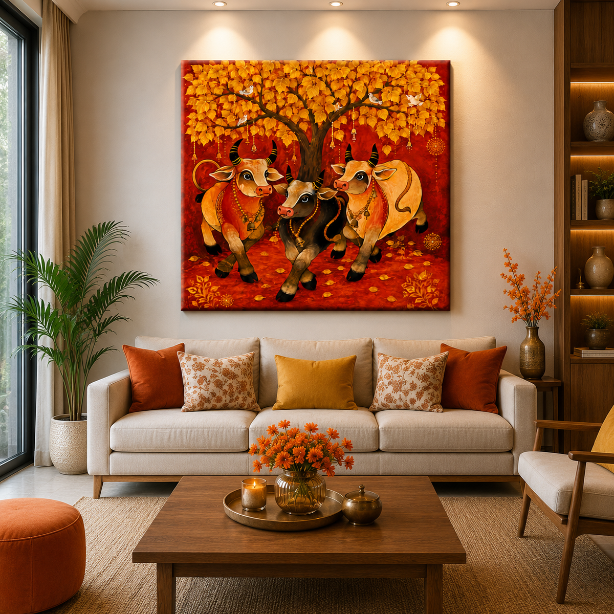 Enhance your home with this Sacred Kamdhenu Cow Family Canvas Painting. Premium red and gold Vastu wall art symbolizing prosperity, positivity, and abundance. Ready to hang.