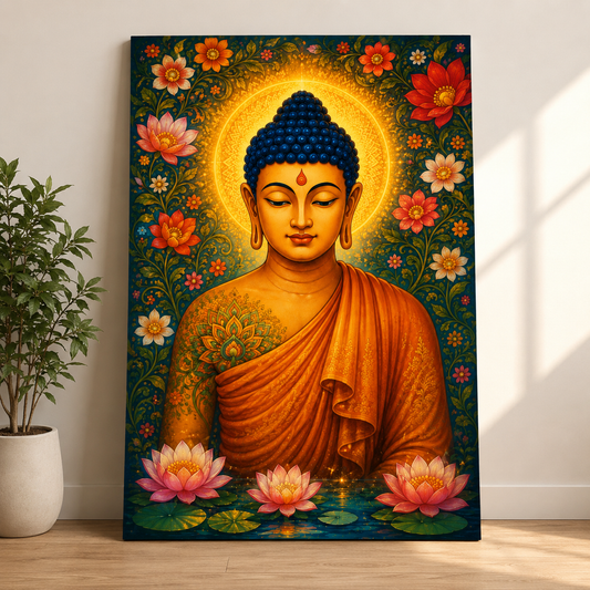 Decor Daddy Meditating Buddha Canvas Wall Painting | Floral Lotus Buddha Wall Art for Living Room, Bedroom & Meditation Space | Premium Stretched Canvas