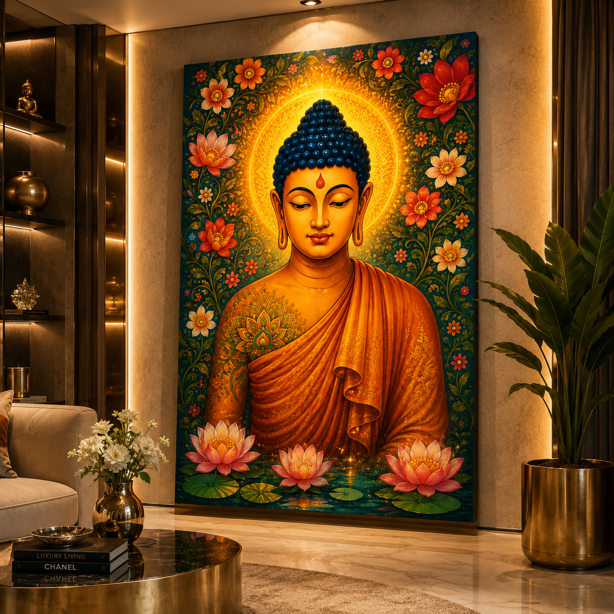 Decor Daddy Meditating Buddha Canvas Wall Painting | Floral Lotus Buddha Wall Art for Living Room, Bedroom & Meditation Space | Premium Stretched Canvas