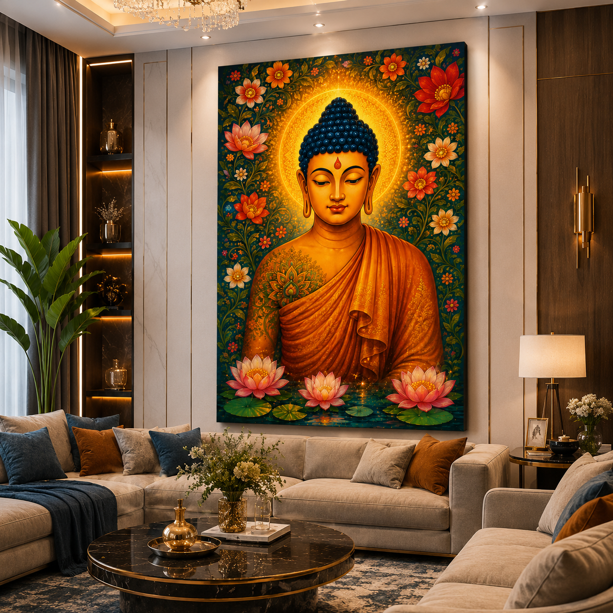 Decor Daddy Meditating Buddha Canvas Wall Painting | Floral Lotus Buddha Wall Art for Living Room, Bedroom & Meditation Space | Premium Stretched Canvas