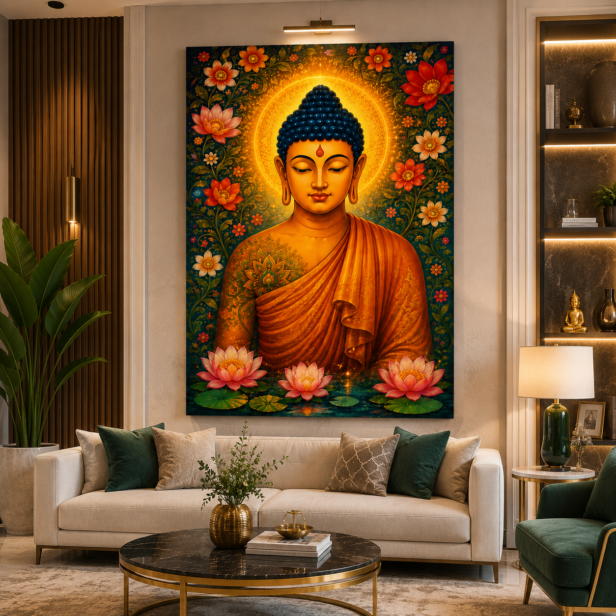 Decor Daddy Meditating Buddha Canvas Wall Painting | Floral Lotus Buddha Wall Art for Living Room, Bedroom & Meditation Space | Premium Stretched Canvas