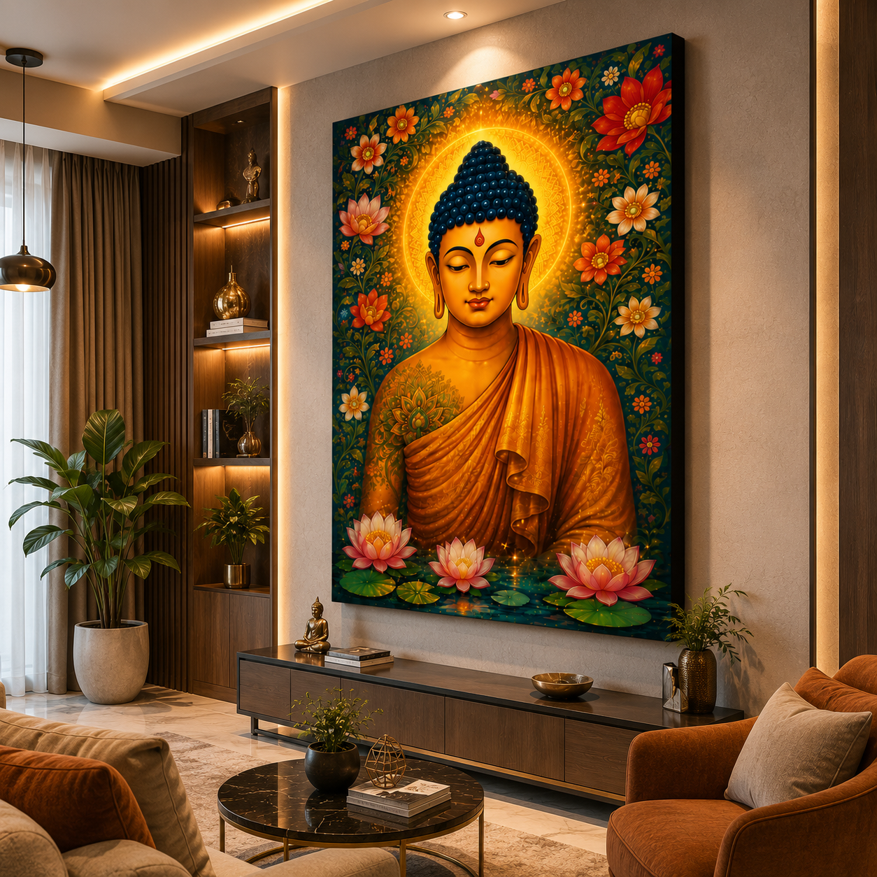Decor Daddy Meditating Buddha Canvas Wall Painting | Floral Lotus Buddha Wall Art for Living Room, Bedroom & Meditation Space | Premium Stretched Canvas