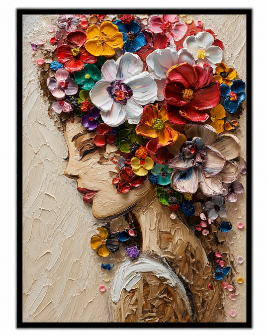 Abstract Woman Face Canvas Painting with Floral Texture | 3D Oil Effect Flower Art | Modern Aesthetic Wall Decor for Living Room, Bedroom & Office