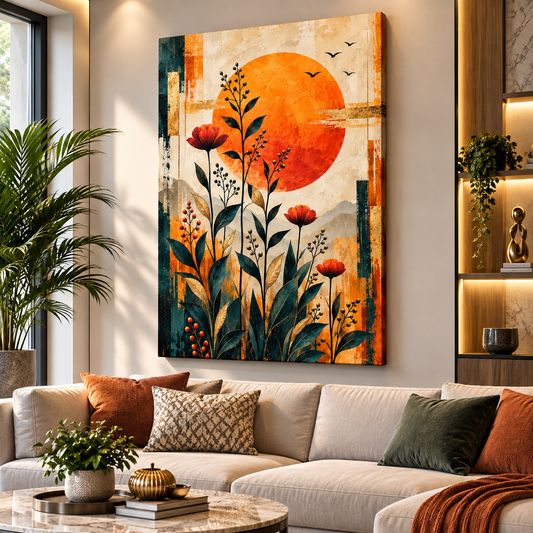 Golden Sunset Botanical Canvas Wall Art – Modern Nature-Inspired Floral Painting for Elegant Home Décor
