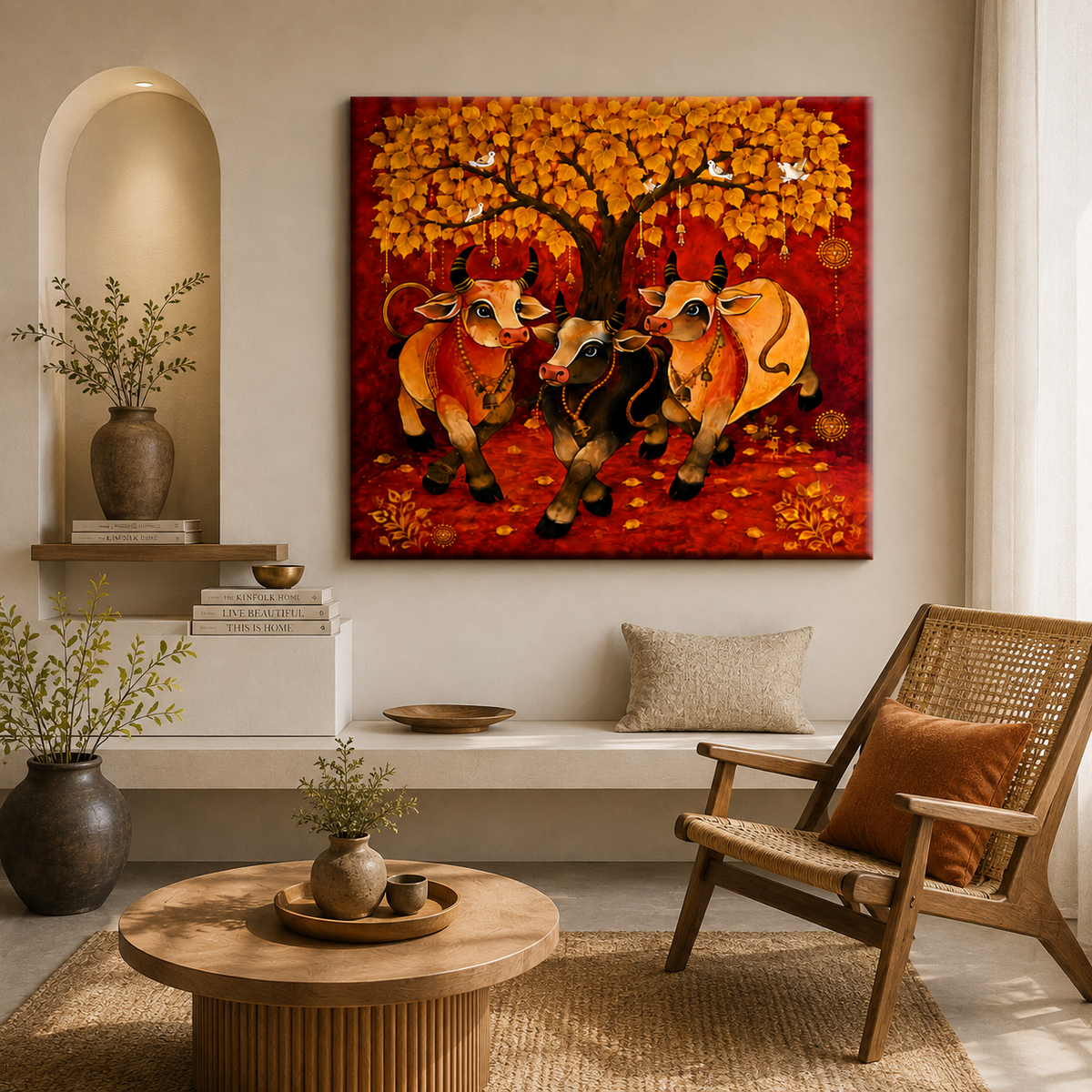 Enhance your home with this Sacred Kamdhenu Cow Family Canvas Painting. Premium red and gold Vastu wall art symbolizing prosperity, positivity, and abundance. Ready to hang.