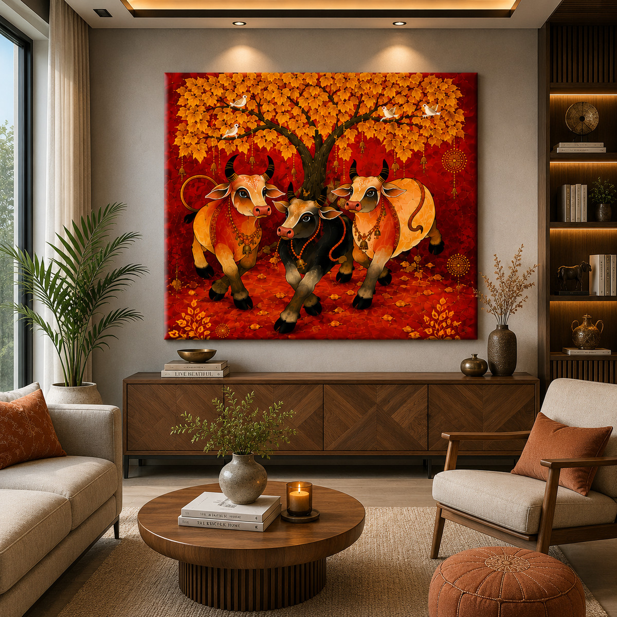 Enhance your home with this Sacred Kamdhenu Cow Family Canvas Painting. Premium red and gold Vastu wall art symbolizing prosperity, positivity, and abundance. Ready to hang.