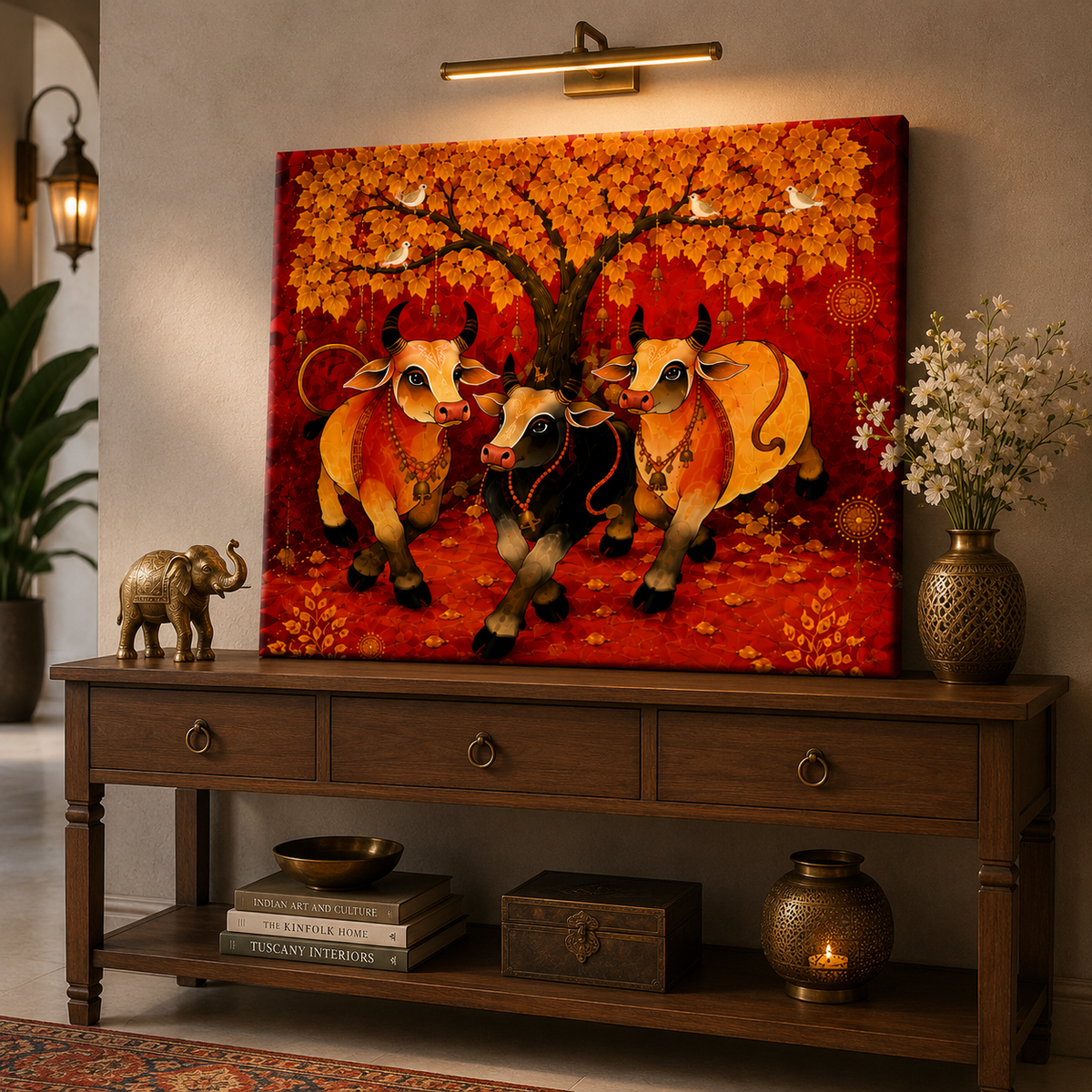 Enhance your home with this Sacred Kamdhenu Cow Family Canvas Painting. Premium red and gold Vastu wall art symbolizing prosperity, positivity, and abundance. Ready to hang.