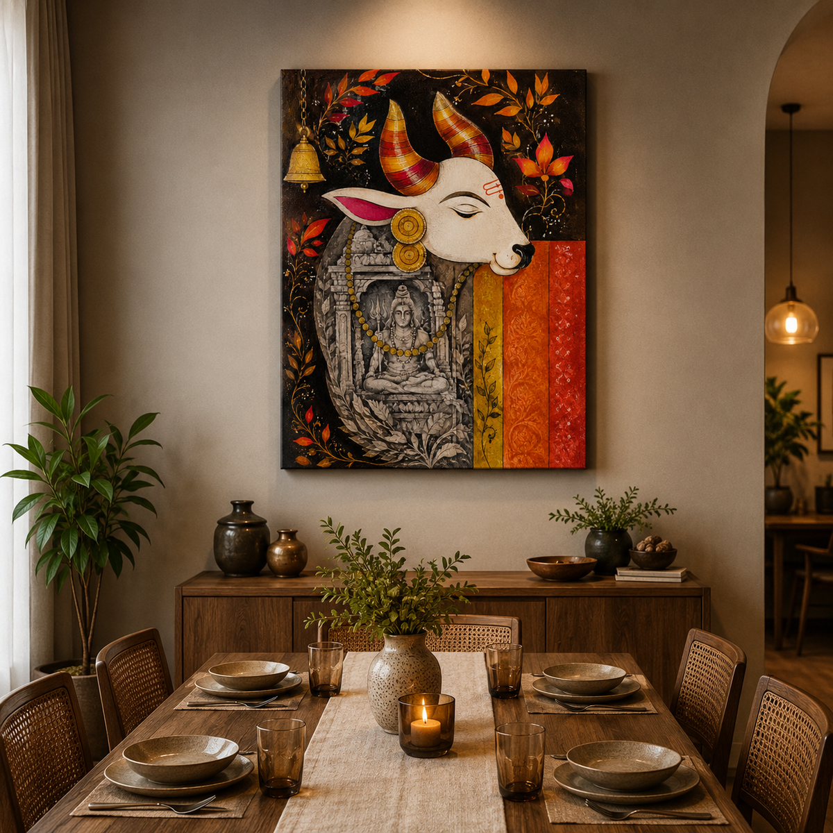 Sacred Kamdhenu Cow Canvas Painting with Goddess Lakshmi | Traditional Indian Wall Art | Premium Framed Canvas Print for Living Room, Bedroom & Pooja Room