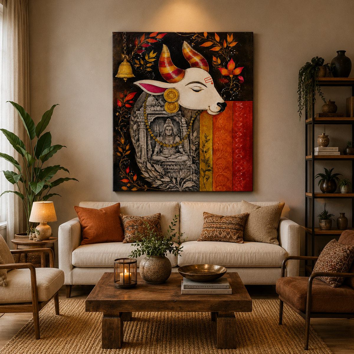 Sacred Kamdhenu Cow Canvas Painting with Goddess Lakshmi | Traditional Indian Wall Art | Premium Framed Canvas Print for Living Room, Bedroom & Pooja Room