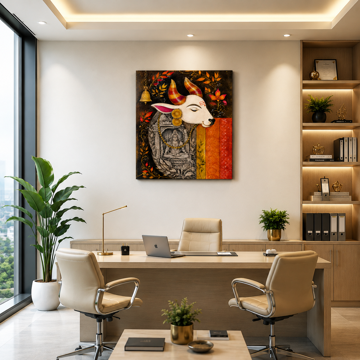 Sacred Kamdhenu Cow Canvas Painting with Goddess Lakshmi | Traditional Indian Wall Art | Premium Framed Canvas Print for Living Room, Bedroom & Pooja Room