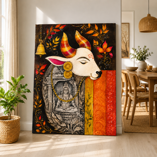 Sacred Kamdhenu Cow Canvas Painting with Goddess Lakshmi | Traditional Indian Wall Art | Premium Framed Canvas Print for Living Room, Bedroom & Pooja Room
