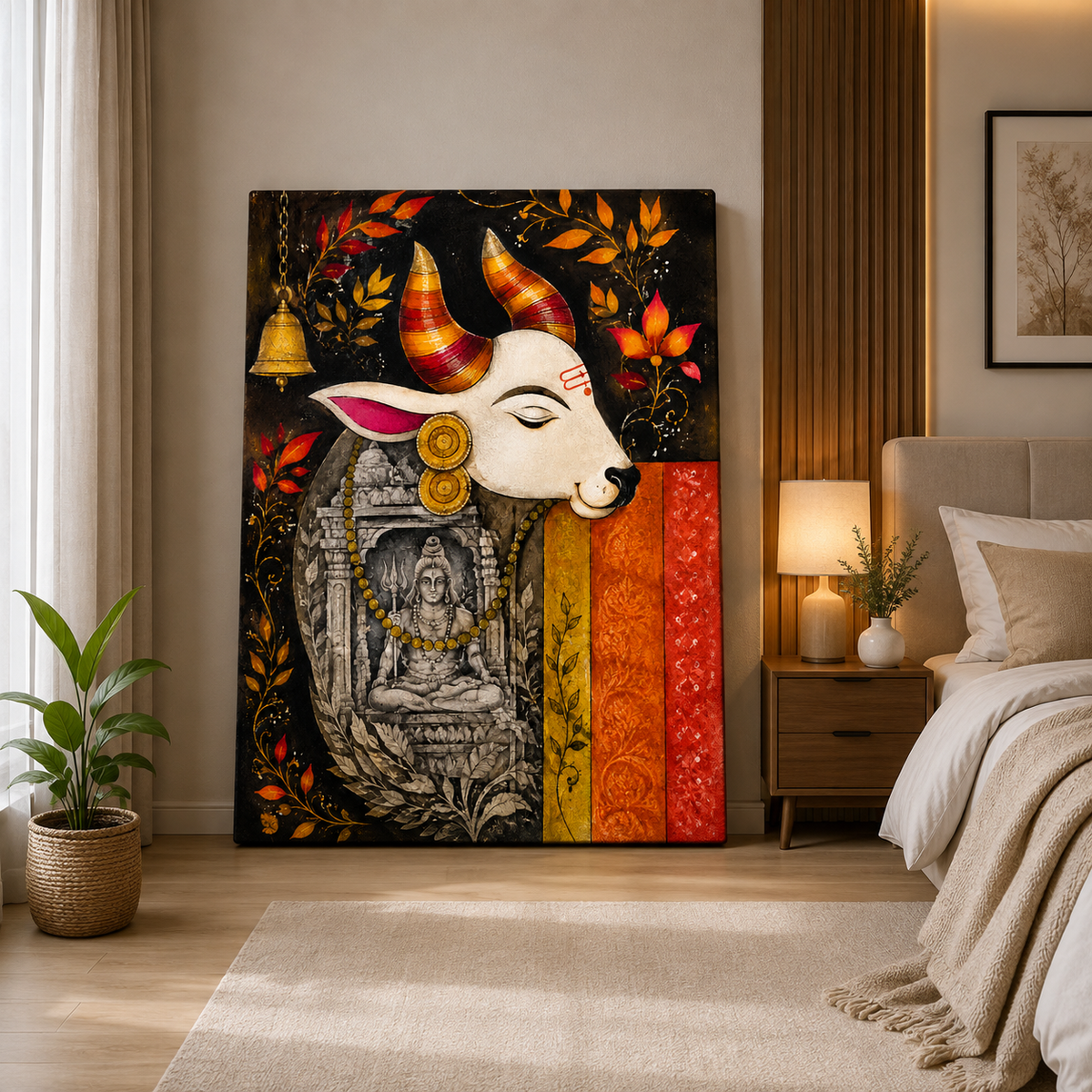 Sacred Kamdhenu Cow Canvas Painting with Goddess Lakshmi | Traditional Indian Wall Art | Premium Framed Canvas Print for Living Room, Bedroom & Pooja Room