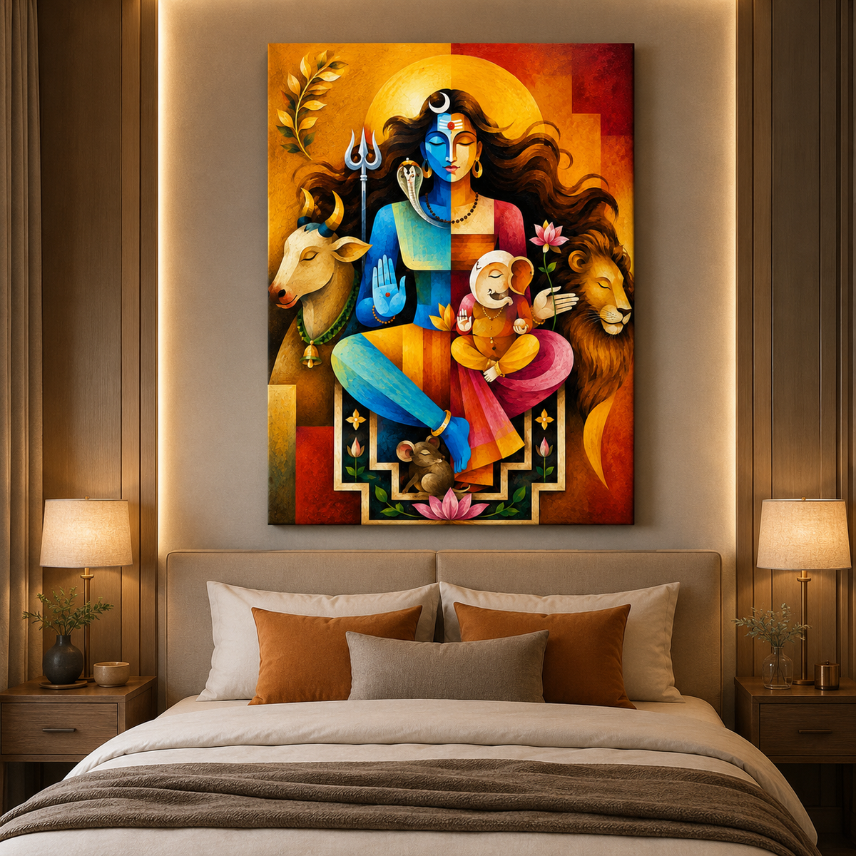 Shiv Parivar Modern Canvas Painting | Lord Shiva, Maa Parvati & Ganesha Wall Art | Premium Spiritual Canvas Print