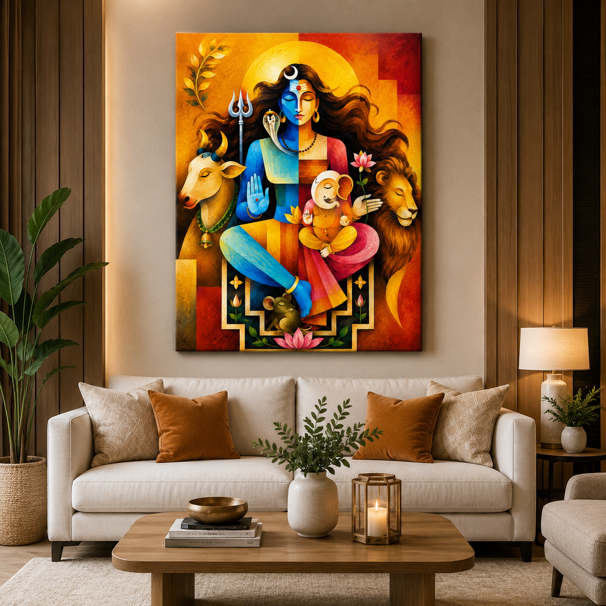 Shiv Parivar Modern Canvas Painting | Lord Shiva, Maa Parvati & Ganesha Wall Art | Premium Spiritual Canvas Print
