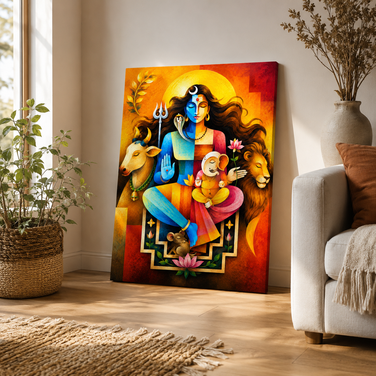Shiv Parivar Modern Canvas Painting | Lord Shiva, Maa Parvati & Ganesha Wall Art | Premium Spiritual Canvas Print