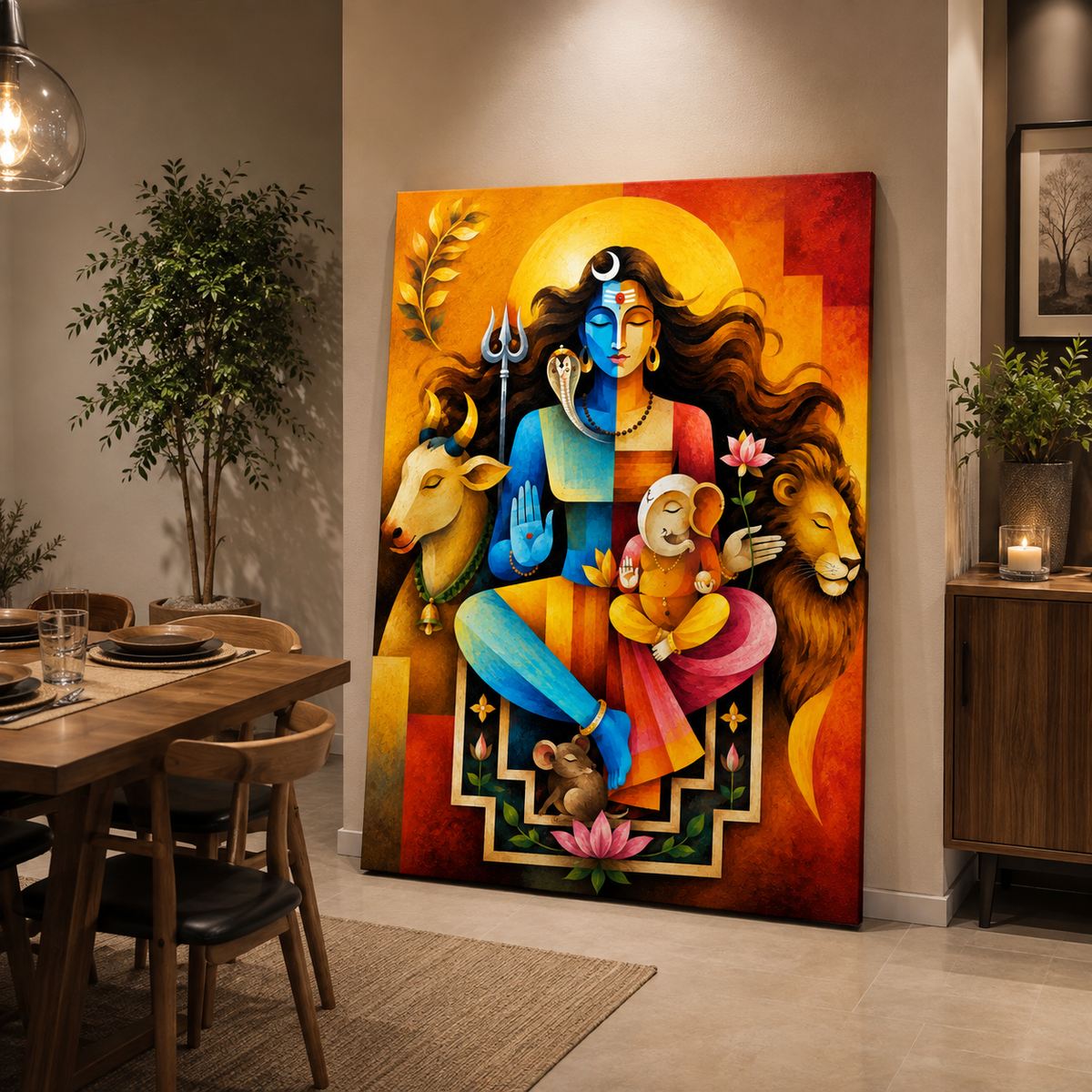 Shiv Parivar Modern Canvas Painting | Lord Shiva, Maa Parvati & Ganesha Wall Art | Premium Spiritual Canvas Print