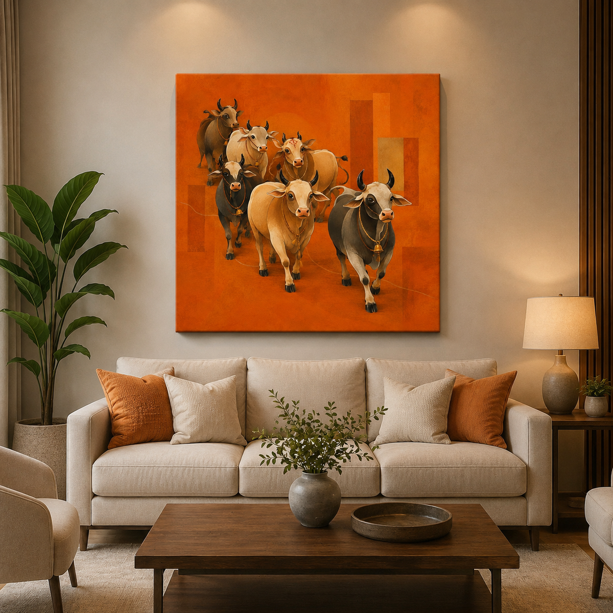 Kamdhenu Cow Canvas Wall Painting | Sacred Gau Mata Wall Art | Vastu & Spiritual Home Decor | Premium Stretched Canvas by Decor Daddy
