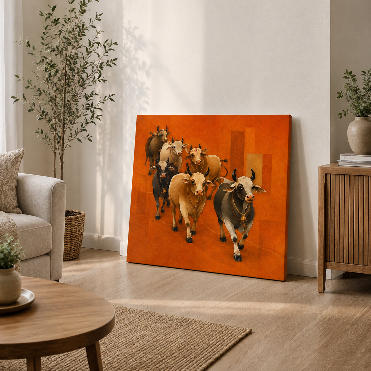 Kamdhenu Cow Canvas Wall Painting | Sacred Gau Mata Wall Art | Vastu & Spiritual Home Decor | Premium Stretched Canvas by Decor Daddy