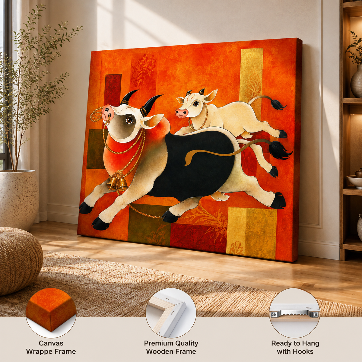 Sacred Cow & Calf Canvas Painting – Traditional Indian Wall Art | Prosperity & Family Bond Artwork for Living Room Decor