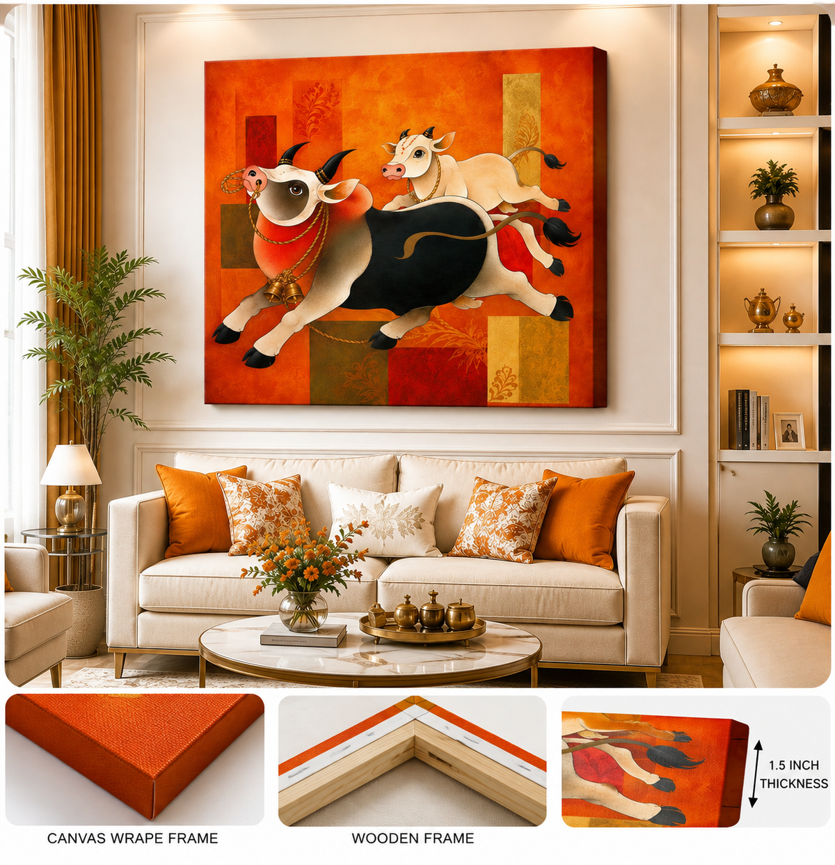 Sacred Cow & Calf Canvas Painting – Traditional Indian Wall Art | Prosperity & Family Bond Artwork for Living Room Decor