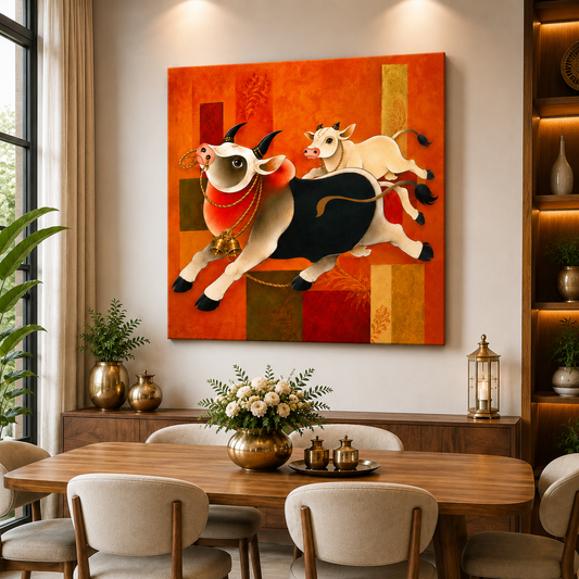 Sacred Cow & Calf Canvas Painting – Traditional Indian Wall Art | Prosperity & Family Bond Artwork for Living Room Decor