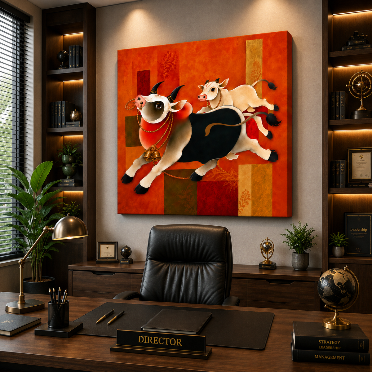 Sacred Cow & Calf Canvas Painting – Traditional Indian Wall Art | Prosperity & Family Bond Artwork for Living Room Decor