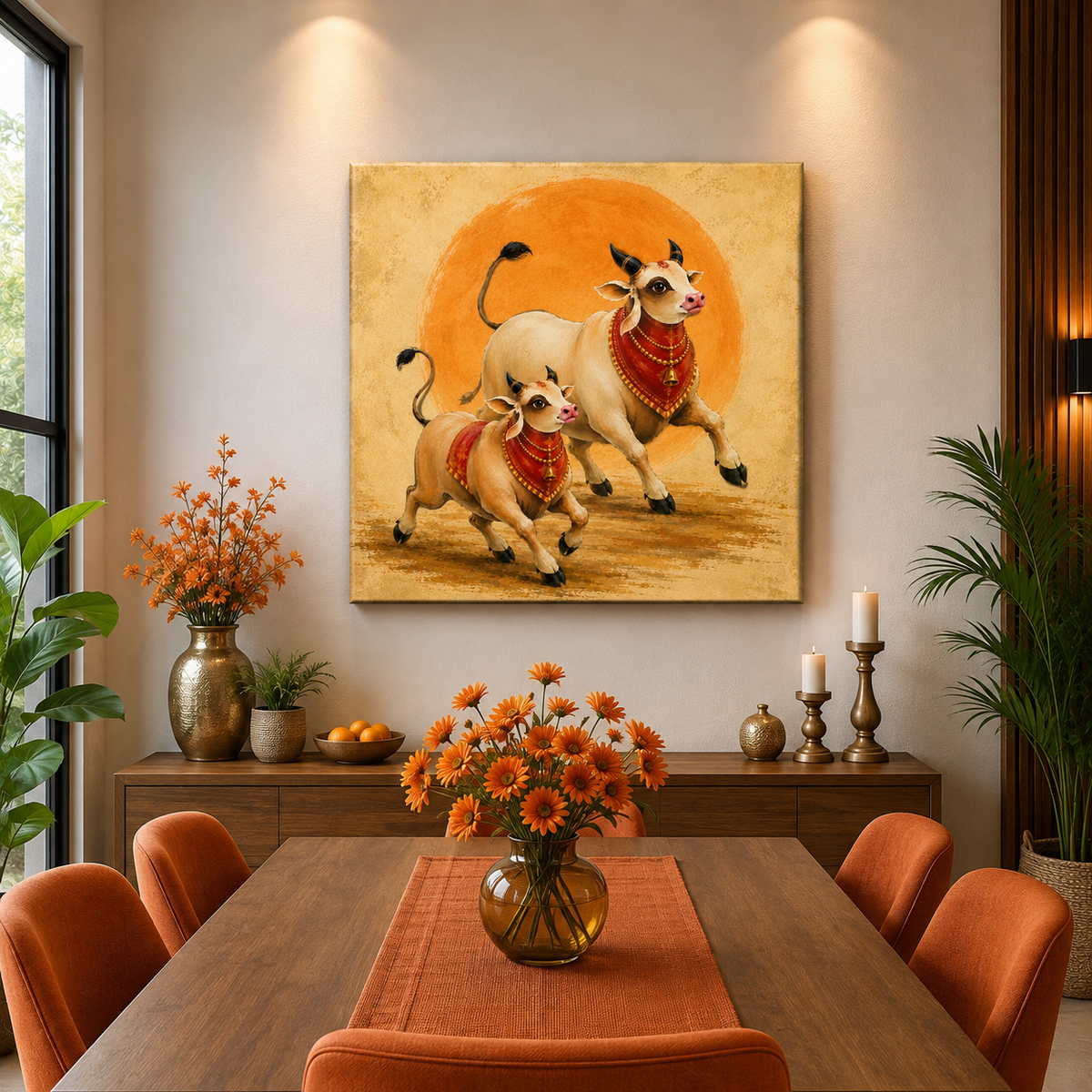 Running Sacred Cows Canvas Painting | Vastu Wall Art for Living Room | Premium Orange Spiritual Canvas Print