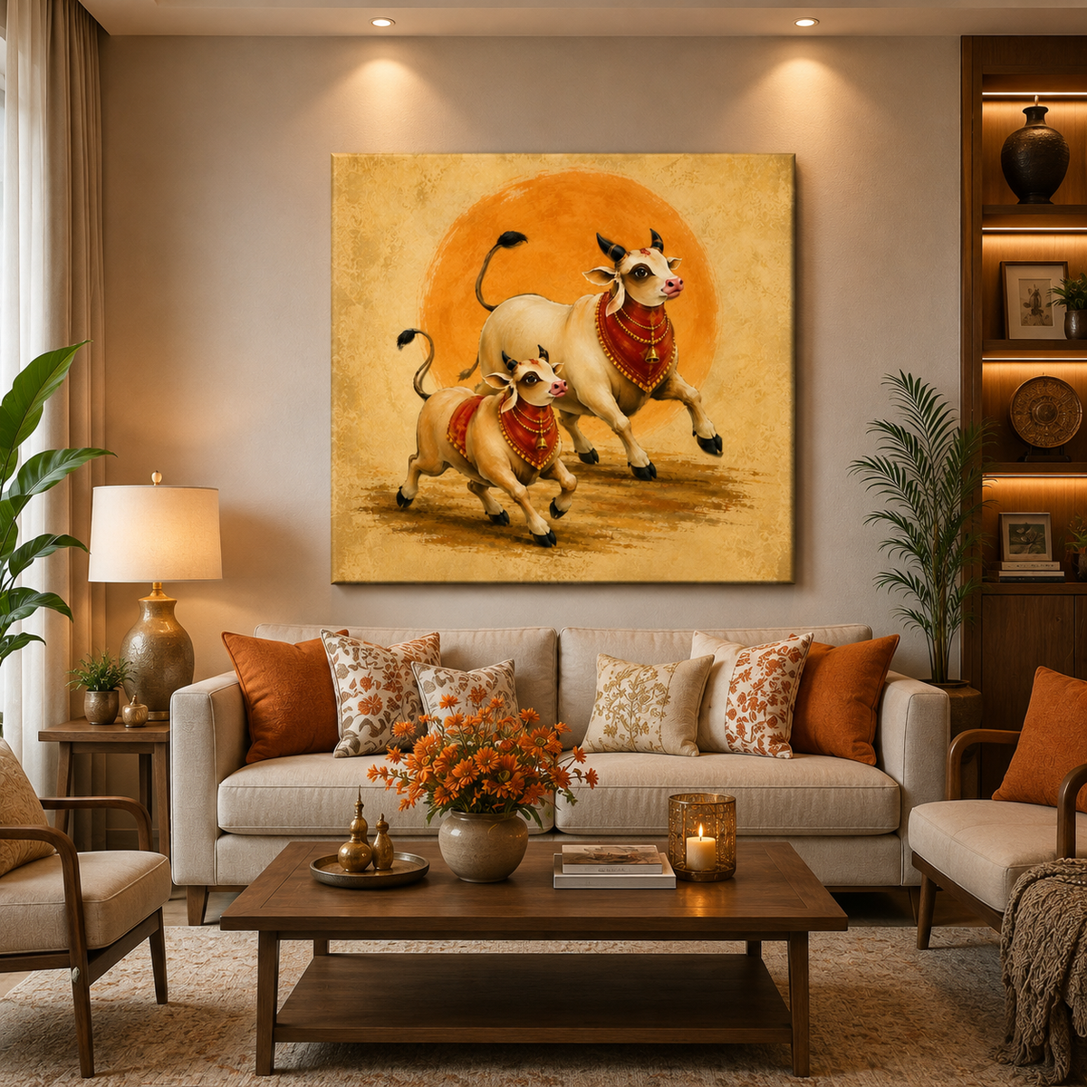 Running Sacred Cows Canvas Painting | Vastu Wall Art for Living Room | Premium Orange Spiritual Canvas Print