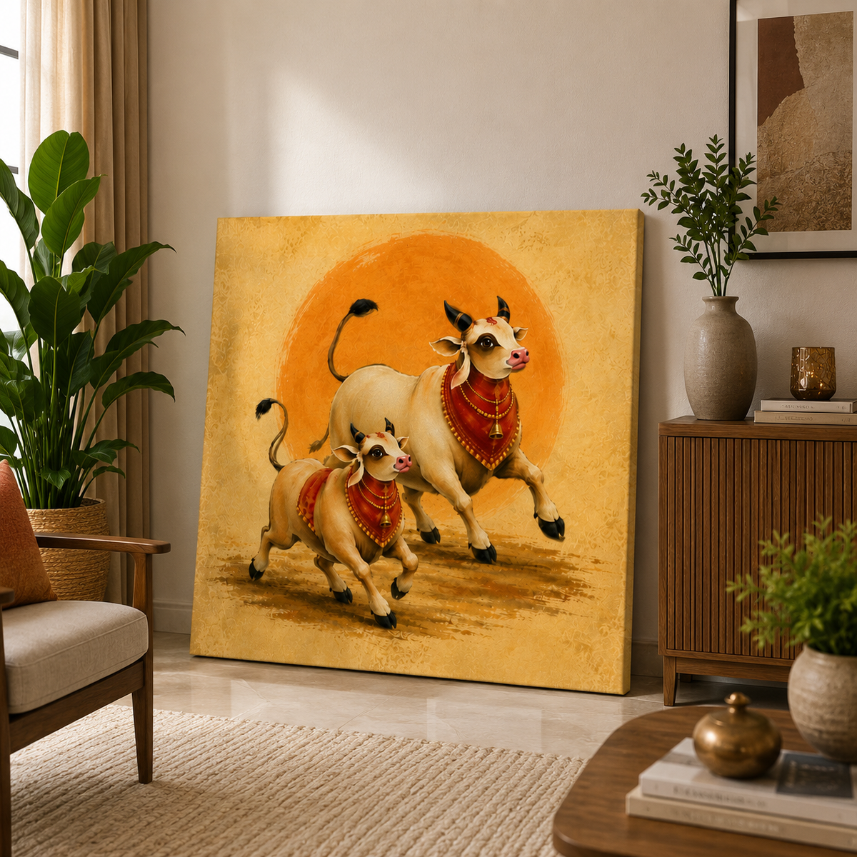 Running Sacred Cows Canvas Painting | Vastu Wall Art for Living Room | Premium Orange Spiritual Canvas Print