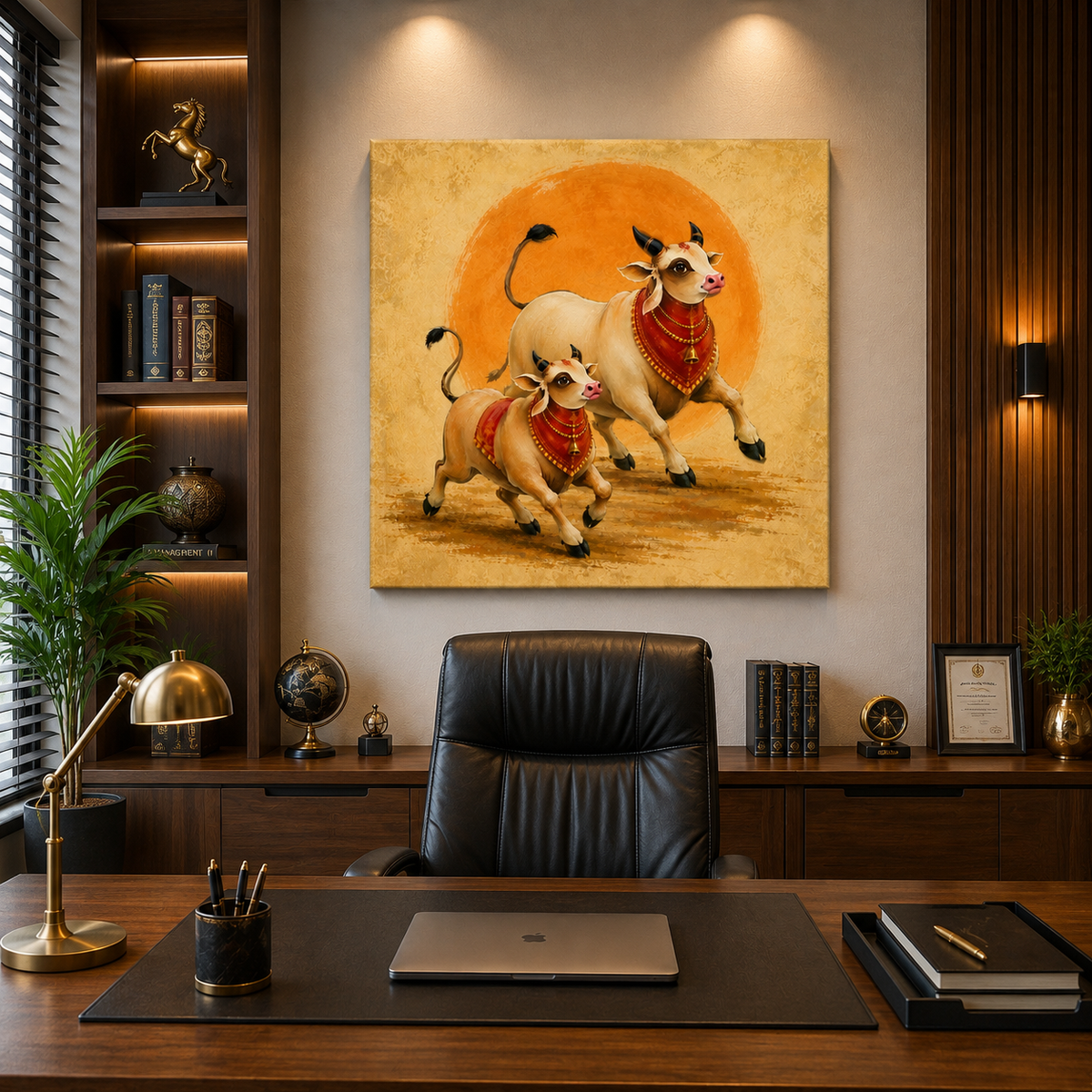 Running Sacred Cows Canvas Painting | Vastu Wall Art for Living Room | Premium Orange Spiritual Canvas Print