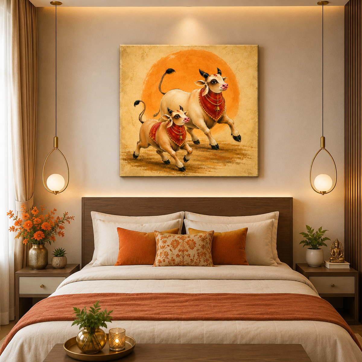 Running Sacred Cows Canvas Painting | Vastu Wall Art for Living Room | Premium Orange Spiritual Canvas Print
