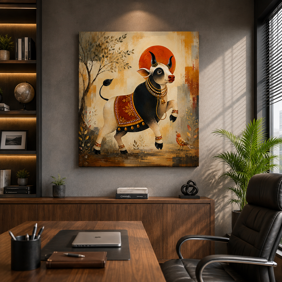 Prosperity Cow Canvas Painting – Modern Indian Cow Wall Art | Golden & Black Sacred Cow Artwork for Living Room Decor