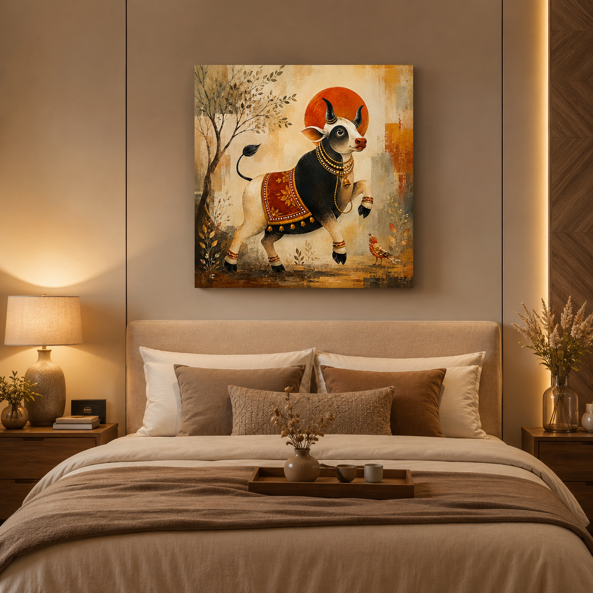 Prosperity Cow Canvas Painting – Modern Indian Cow Wall Art | Golden & Black Sacred Cow Artwork for Living Room Decor