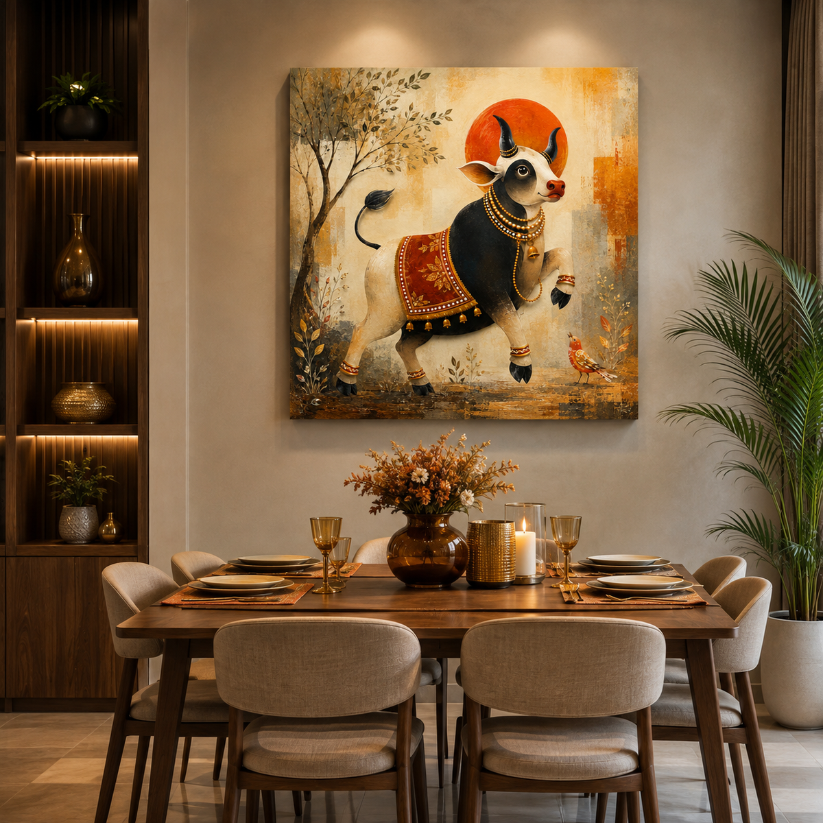 Prosperity Cow Canvas Painting – Modern Indian Cow Wall Art | Golden & Black Sacred Cow Artwork for Living Room Decor