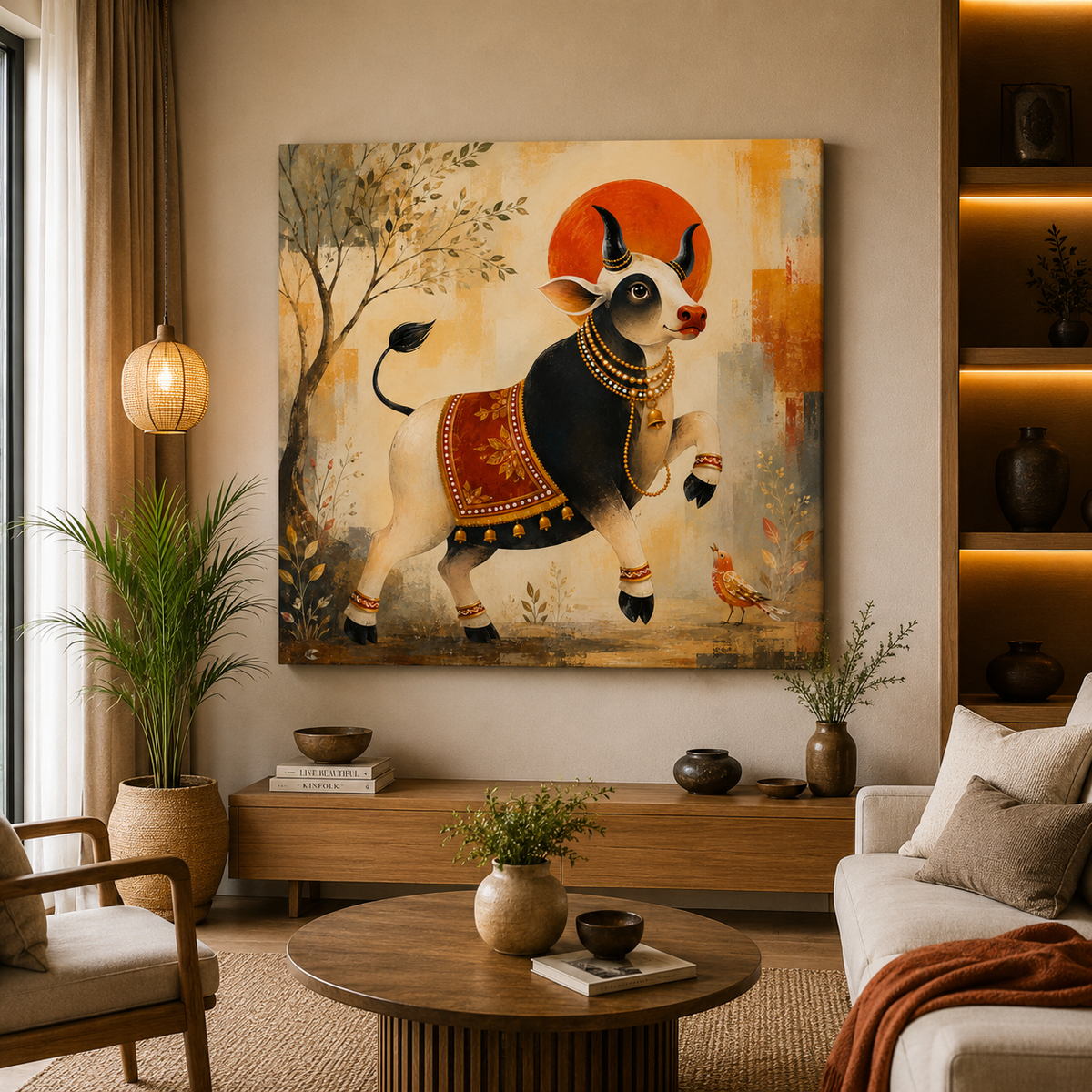 Prosperity Cow Canvas Painting – Modern Indian Cow Wall Art | Golden & Black Sacred Cow Artwork for Living Room Decor