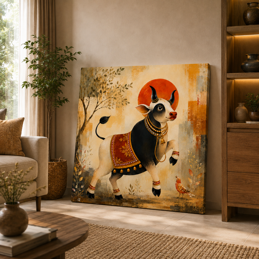 Prosperity Cow Canvas Painting – Modern Indian Cow Wall Art | Golden & Black Sacred Cow Artwork for Living Room Decor