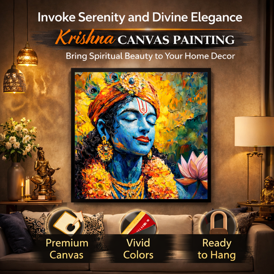 Lord Krishna Wall Painting For Living Room Big Size Black krishna Wall Decor for Bedroom, Office, Hotels - Peaceful Digital Painting Wooden Framed for Gifting Spiritual Canvas  Wall Art Black Frame Painting