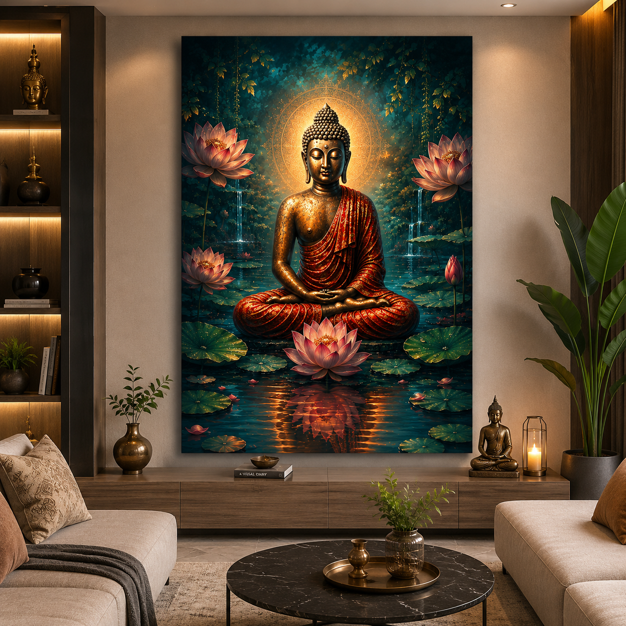 Decor Daddy Serene Buddha Canvas Wall Painting | Lotus Pond Spiritual Wall Art | Premium HD Stretched Canvas for Living Room, Bedroom & Meditation Room