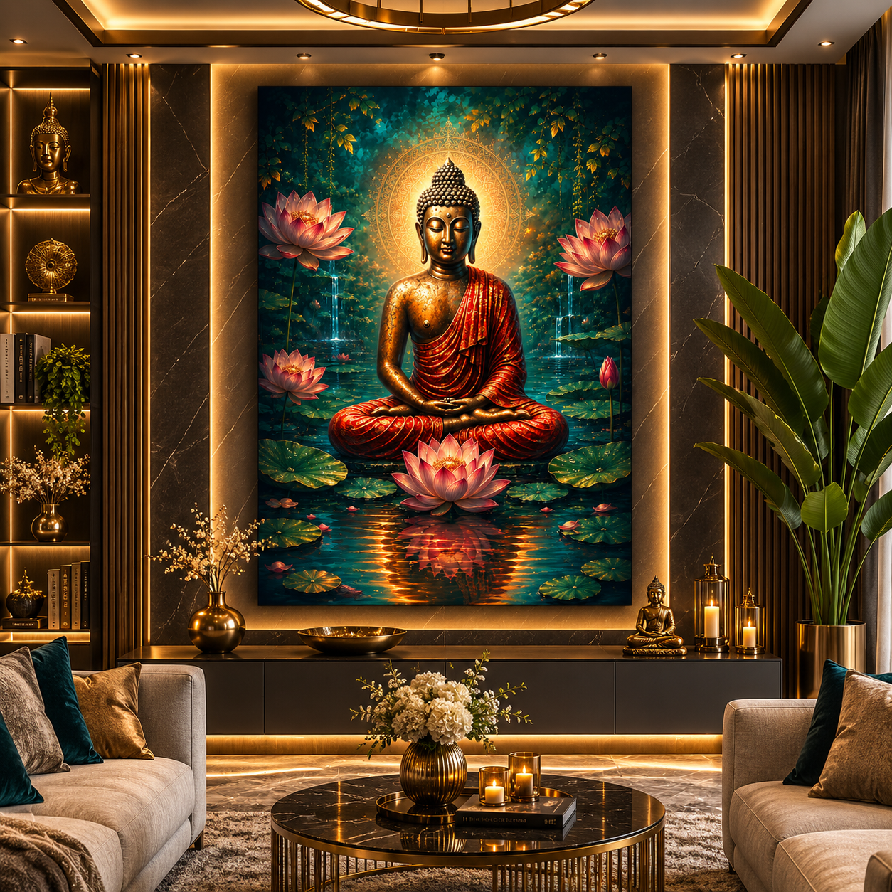 Decor Daddy Serene Buddha Canvas Wall Painting | Lotus Pond Spiritual Wall Art | Premium HD Stretched Canvas for Living Room, Bedroom & Meditation Room