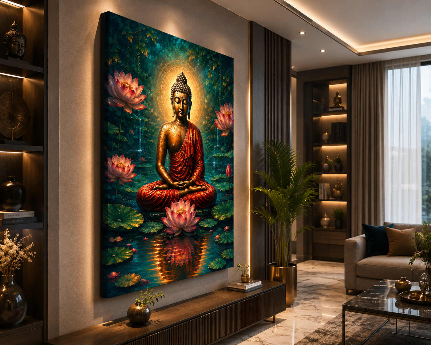 Decor Daddy Serene Buddha Canvas Wall Painting | Lotus Pond Spiritual Wall Art | Premium HD Stretched Canvas for Living Room, Bedroom & Meditation Room